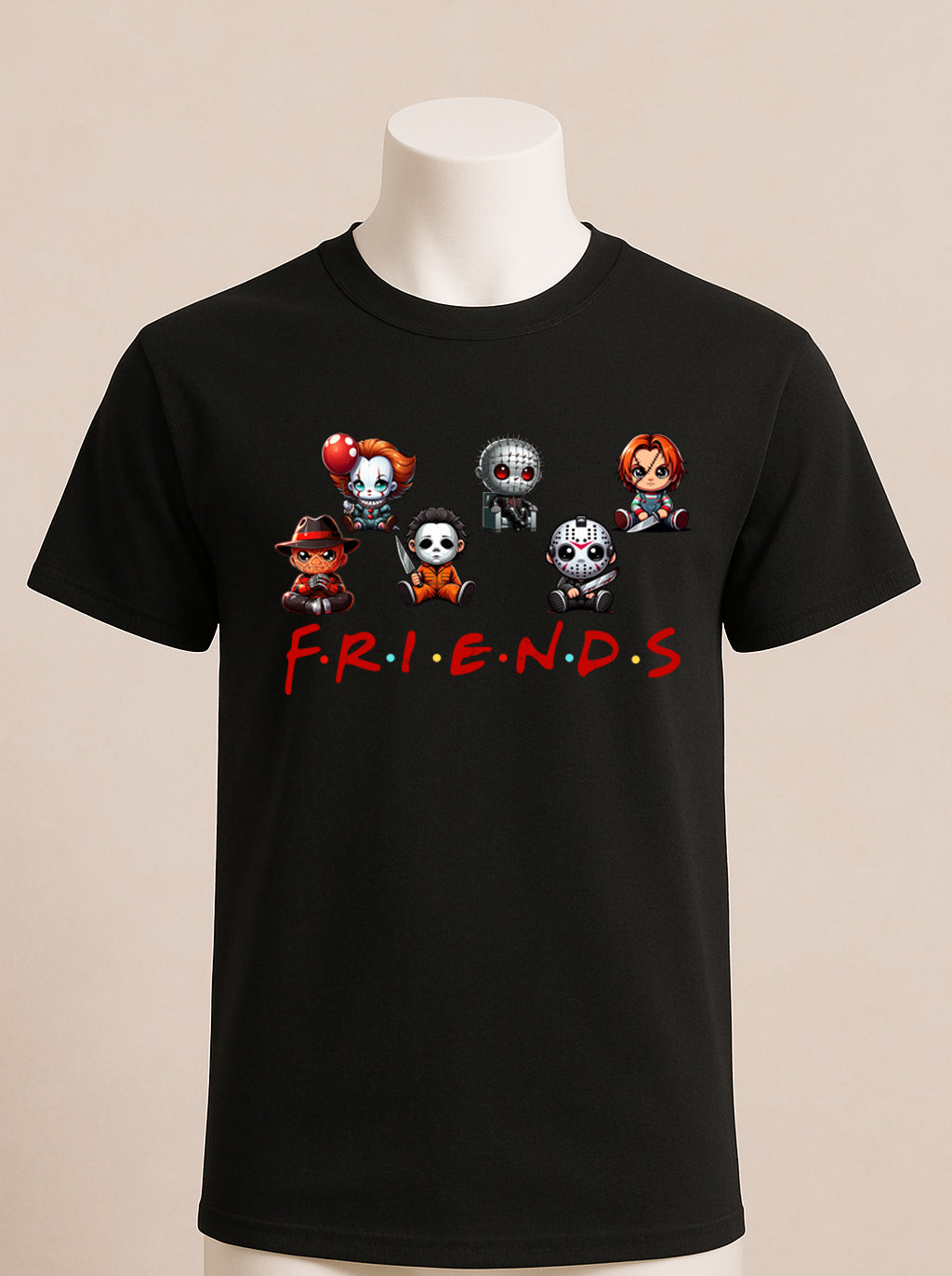 Horror Movie Characters Friends Shirt, Chibi Friends Halloween Characters, Cute Horror Movie Characters, Spooky Season Tee
