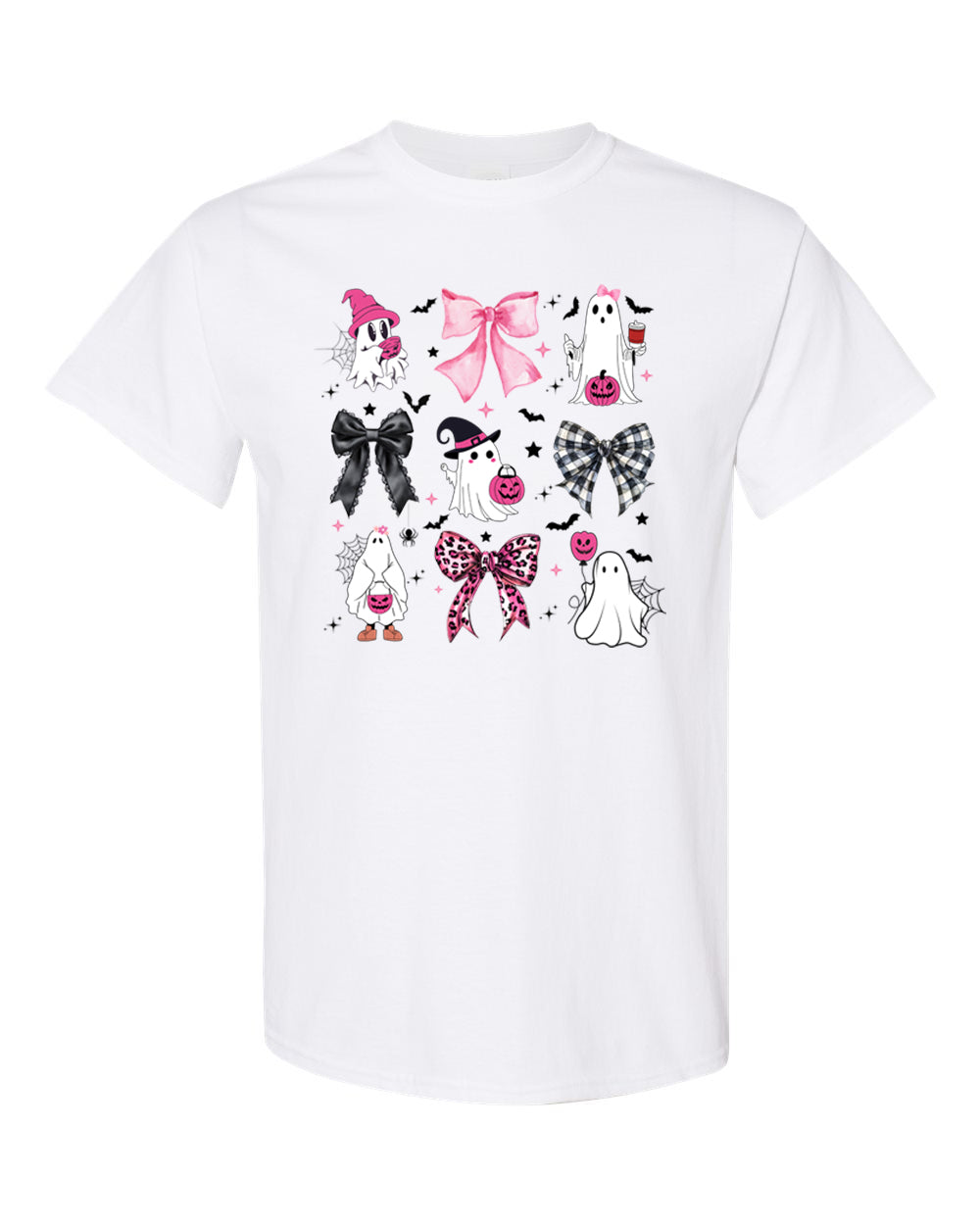 Cute Ghost Halloween Shirt with Bow, Cute Spooky Season Tee, Coquette Bows & Bats Graphic T-Shirt, Pastel Fall Aesthetic Top for Women