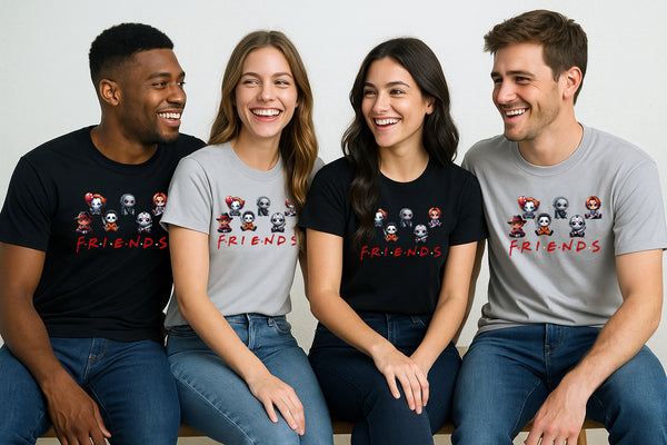 Horror Movie Characters Friends Shirt, Chibi Friends Halloween Characters, Cute Horror Movie Characters, Spooky Season Tee