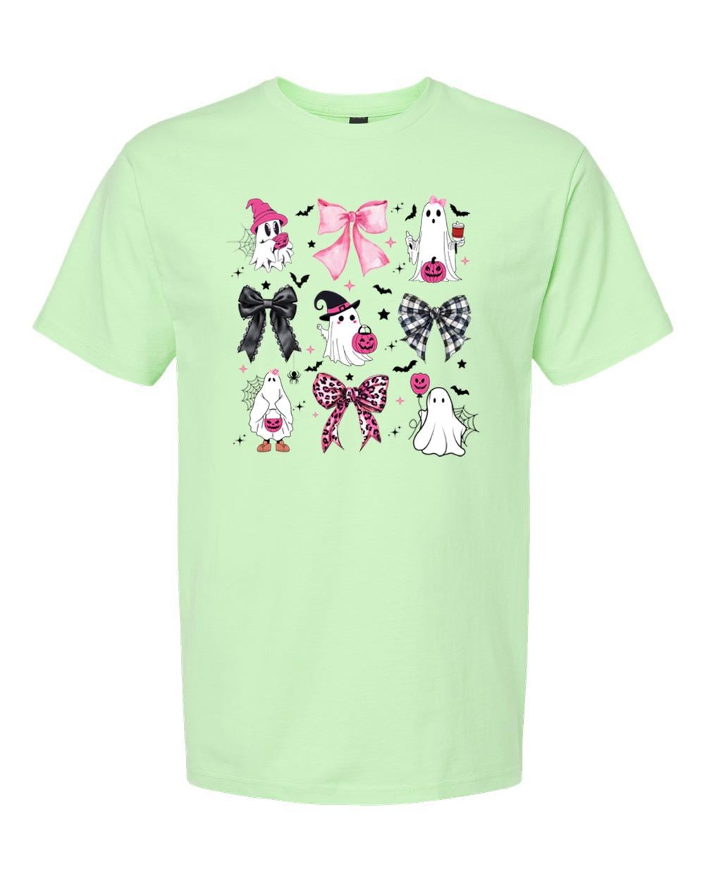 Cute Ghost Halloween Shirt with Bow, Cute Spooky Season Tee, Coquette Bows & Bats Graphic T-Shirt, Pastel Fall Aesthetic Top for Women
