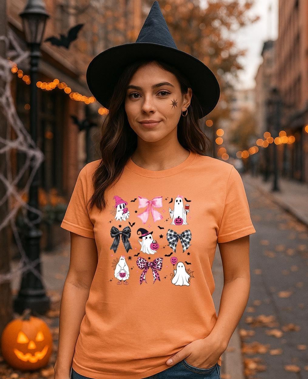 Cute Ghost Halloween Shirt with Bow, Cute Spooky Season Tee, Coquette Bows & Bats Graphic T-Shirt, Pastel Fall Aesthetic Top for Women