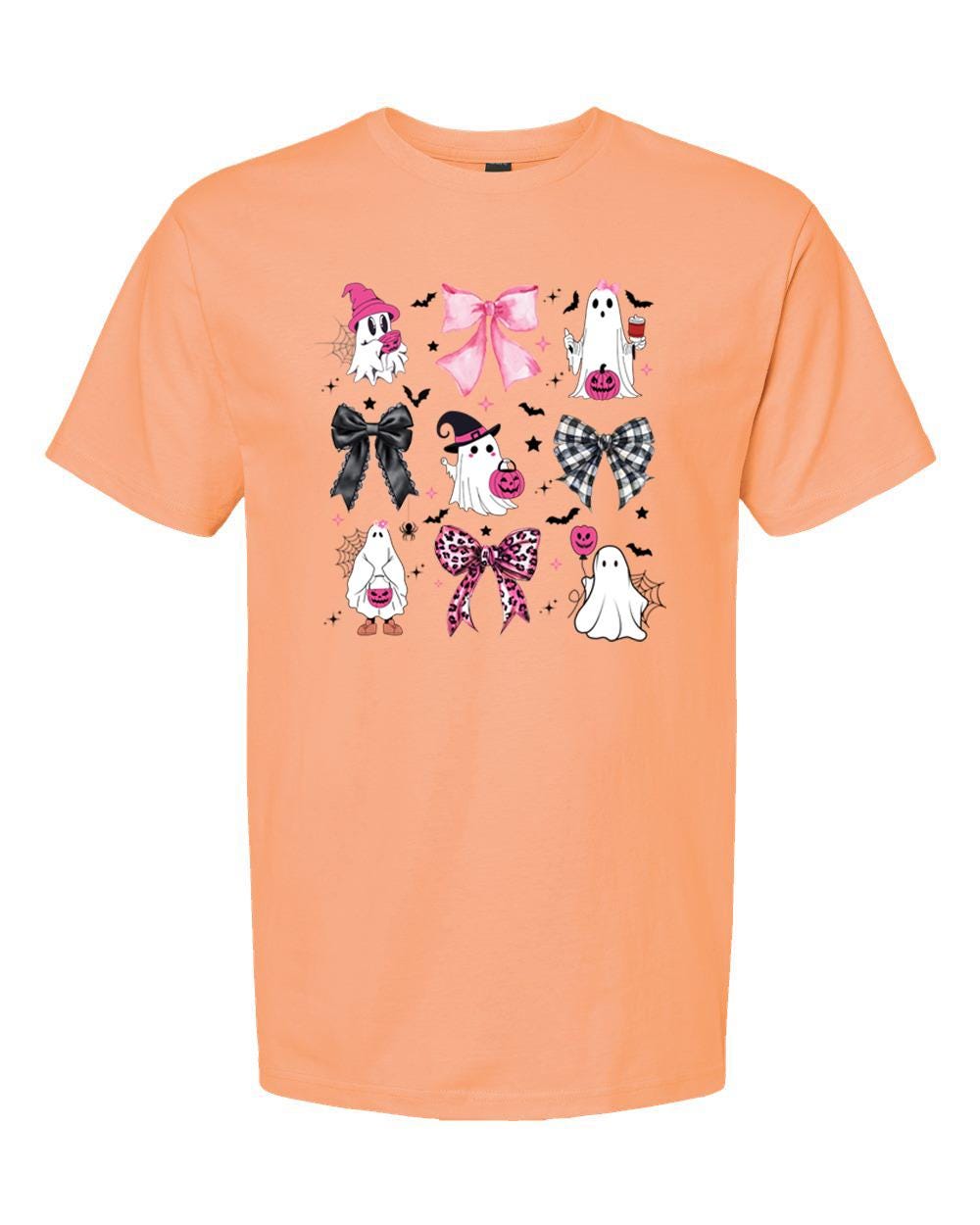 Cute Ghost Halloween Shirt with Bow, Cute Spooky Season Tee, Coquette Bows & Bats Graphic T-Shirt, Pastel Fall Aesthetic Top for Women