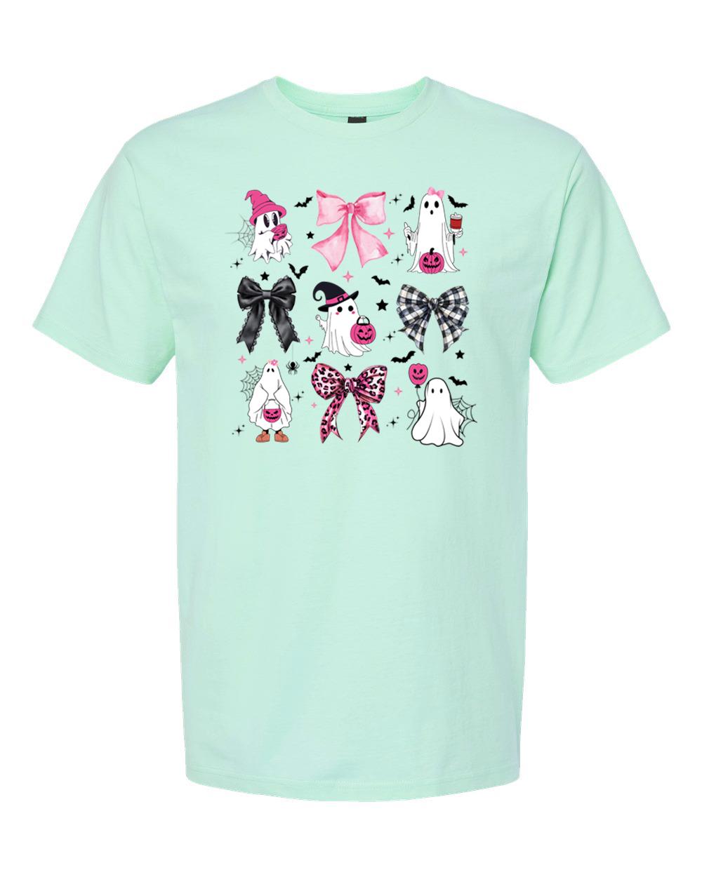 Cute Ghost Halloween Shirt with Bow, Cute Spooky Season Tee, Coquette Bows & Bats Graphic T-Shirt, Pastel Fall Aesthetic Top for Women