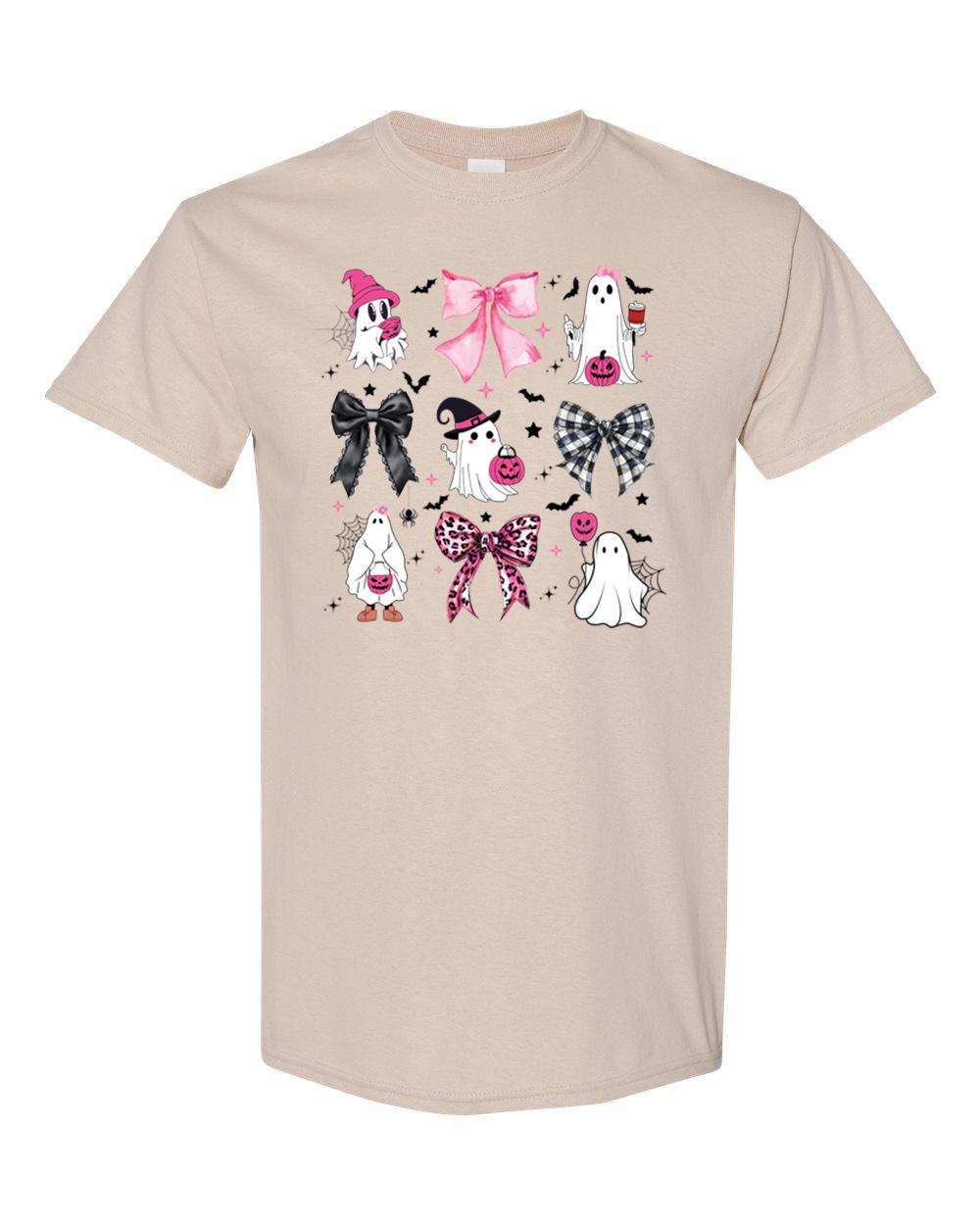Cute Ghost Halloween Shirt with Bow, Cute Spooky Season Tee, Coquette Bows & Bats Graphic T-Shirt, Pastel Fall Aesthetic Top for Women