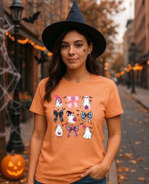 Cute Ghost Halloween Shirt with Bow, Cute Spooky Season Tee, Coquette Bows & Bats Graphic T-Shirt, Pastel Fall Aesthetic Top for Women